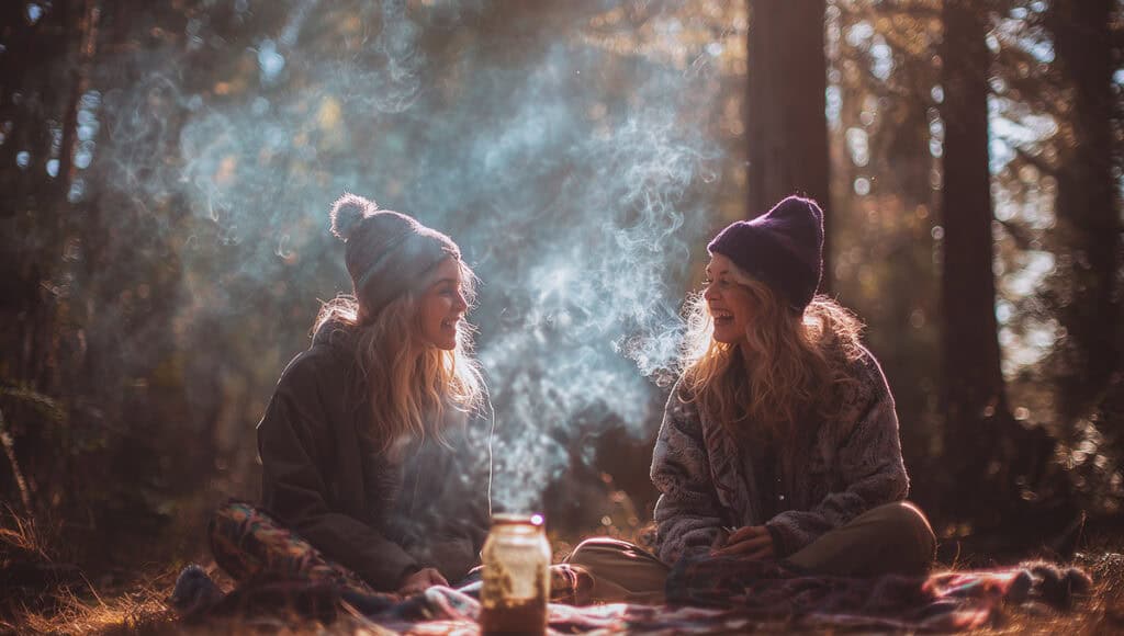 Happy cannabis users enjoying a THCA session in nature with weed jars