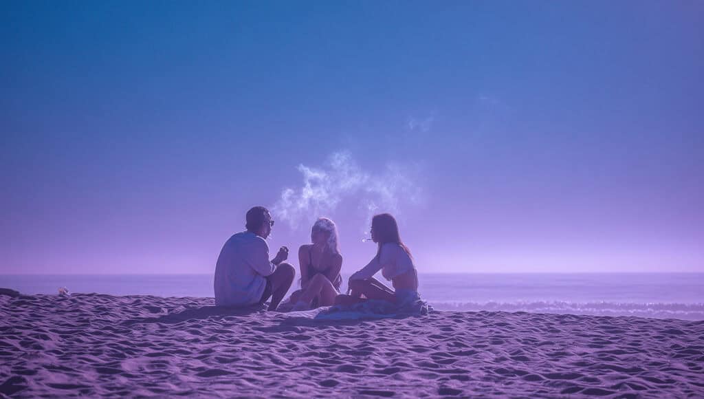 Friends smoking weed on a beach, representing legal cannabis use — is weed legal in Florida?