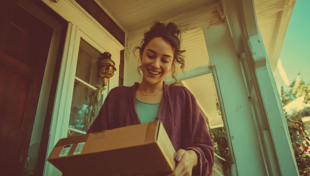 Smiling young woman picks up a discreet THCA weed delivery box from her front doorstep