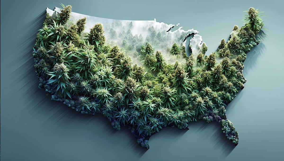 U.S. map overgrown with cannabis plants, symbolizing legal weed across multiple states