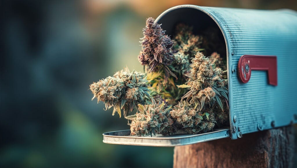 Bulk weed buds arriving in a mailbox through legal online cannabis delivery service