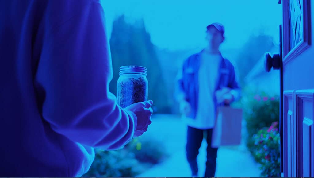 Is marijuana legal in Florida? Smiling delivery driver handing off a jar of THCA flower — legal weed delivery in Florida