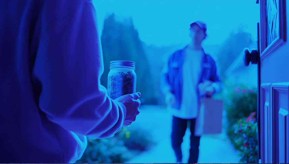 Discreet cannabis delivery driver handing over THCA subscription box