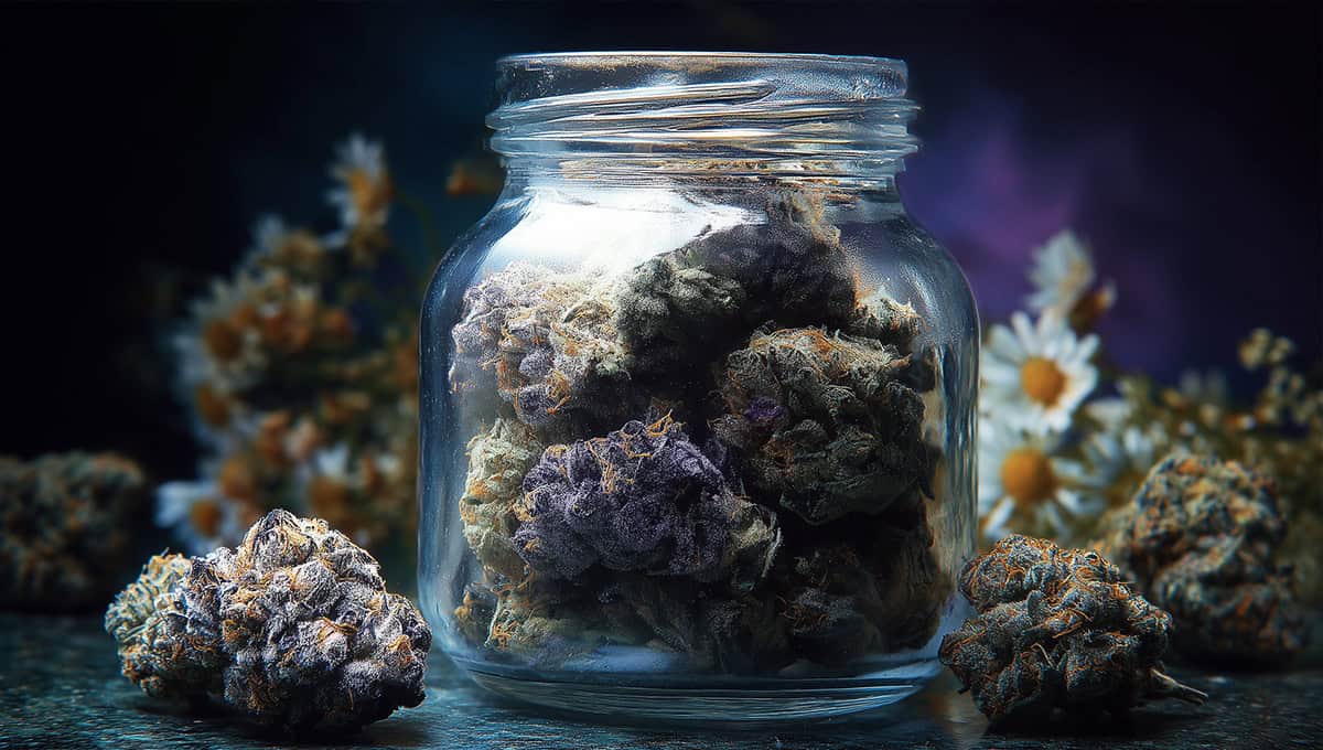 Glass jar full of legal THCA weed with two large buds displayed outside