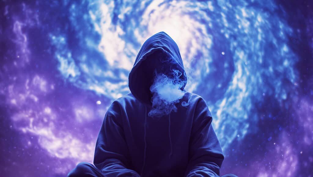 Person in hoodie meditating and exhaling THC smoke spiraling in a hurricane pattern