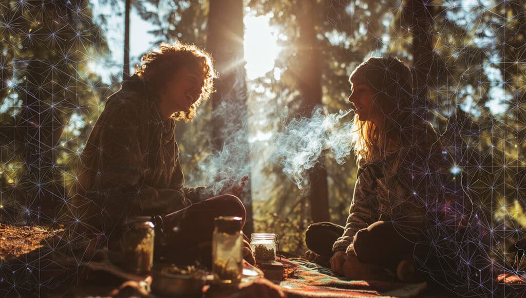 Group of friends smoking THCA flower in the woods with jars of weed and sunbeams