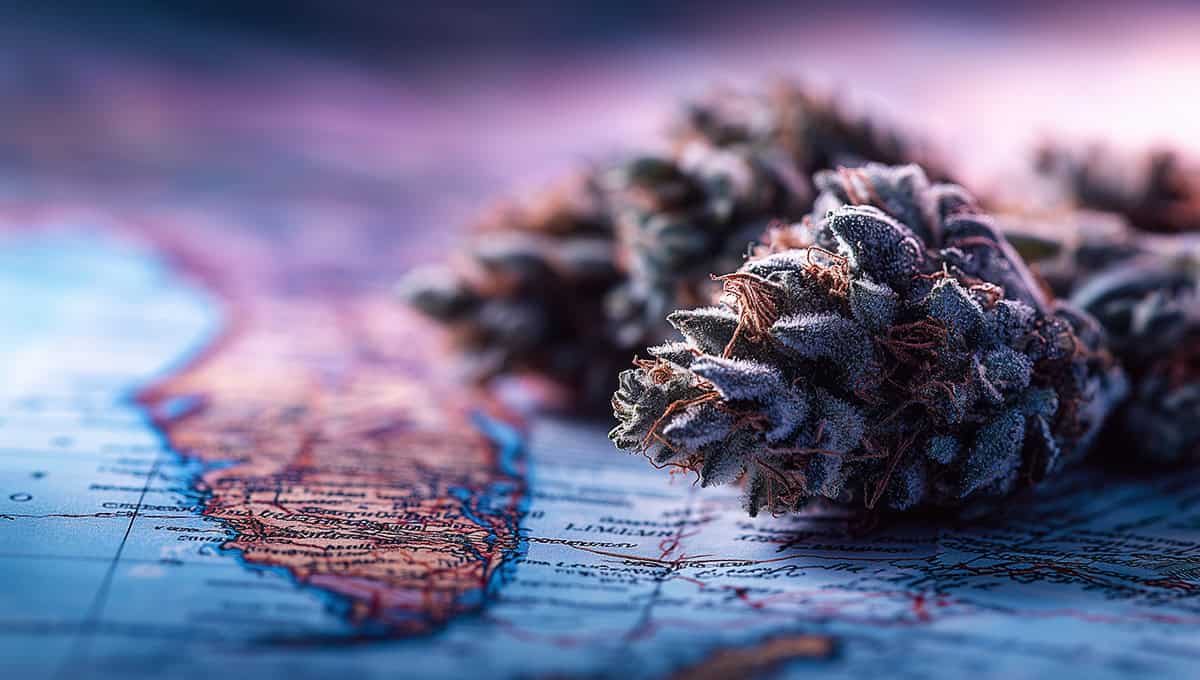 Cured THCA cannabis bud on top of a Florida state map, symbolizing recreational weed delivery