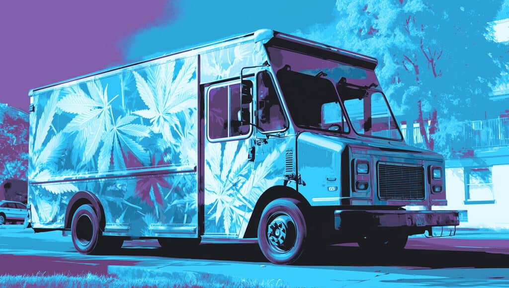 THCA cannabis delivery truck with same day weed delivery in a purple-blue color theme