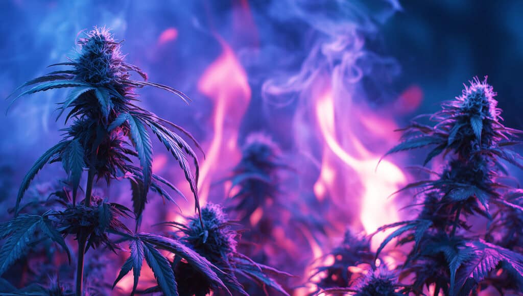 Cannabis plants with purple glow and fire in the background representing THCA activation by heat