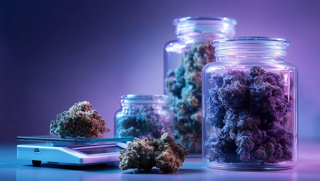 Close-up of legal THCA weed jars on a dispensary scale, ready for bulk orders and delivery. Multiple sized THCA flower glass jars. 