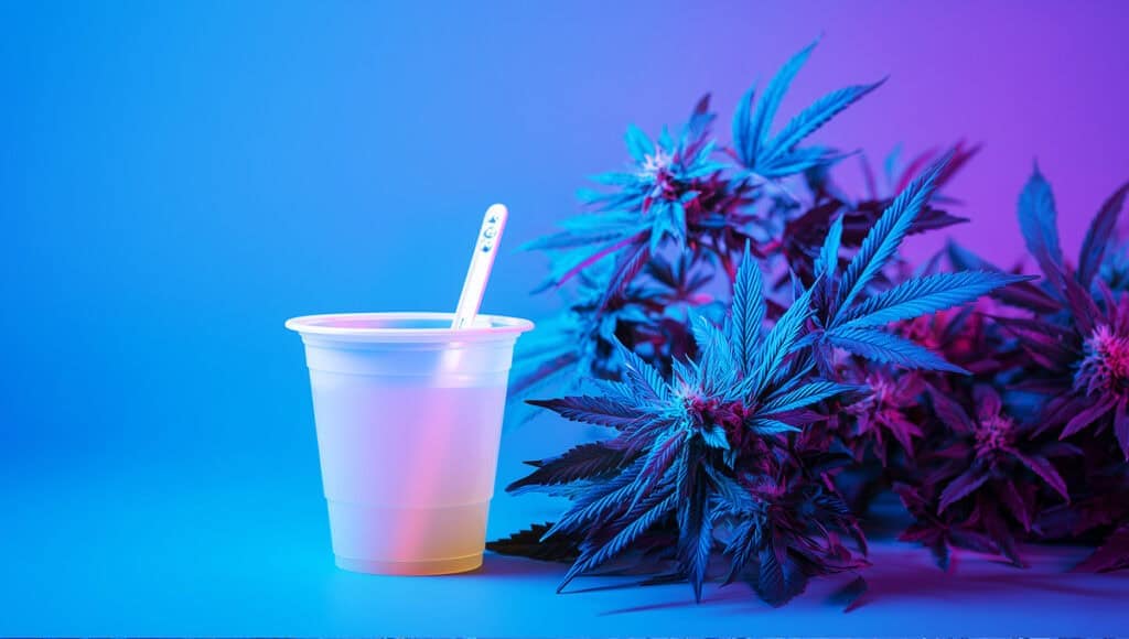THCA drug test pee cup with dip stick beside cannabis plant in purple-tinted light