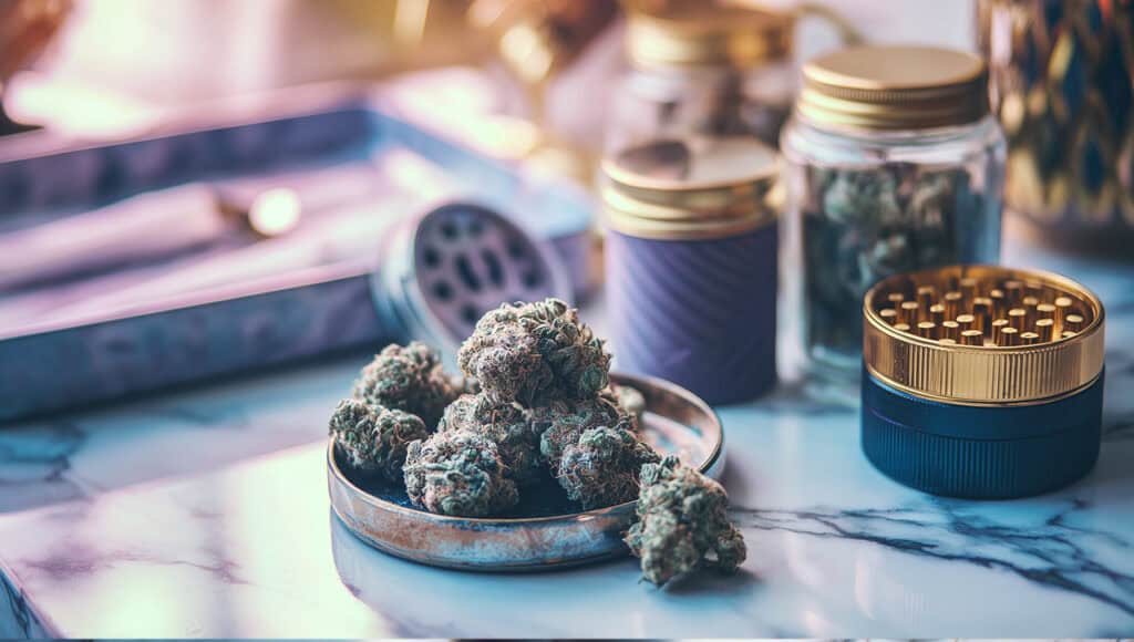 Closeup of THCA flower with grinder and rolling tray on white marble surface