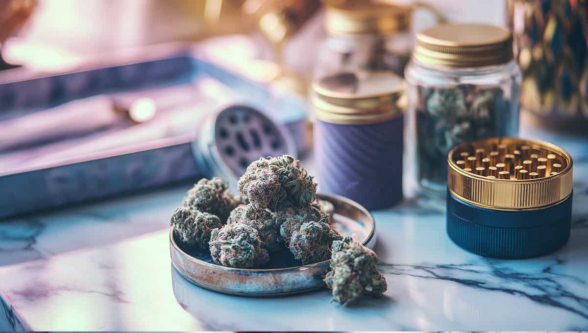 Closeup of THCA flower with grinder and rolling tray on white marble surface