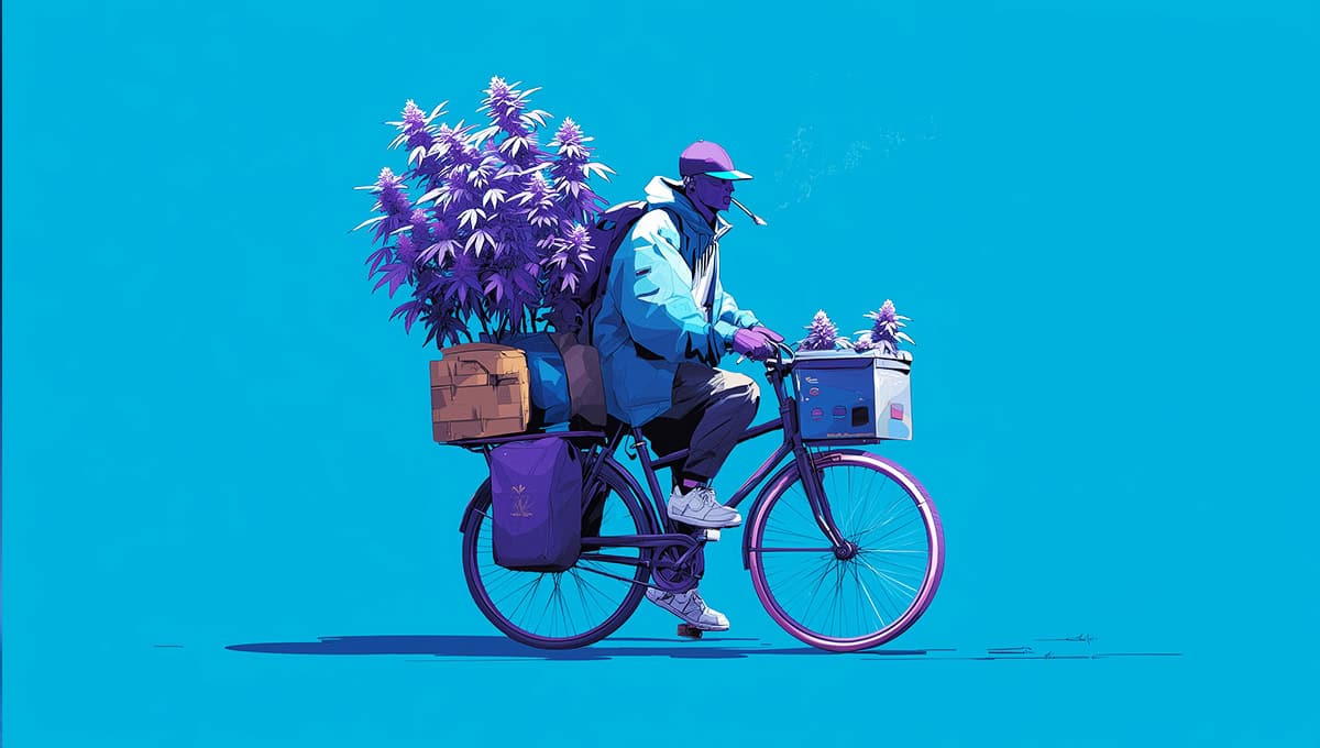 Man delivering cannabis plants by bicycle with baskets full of THCA weed