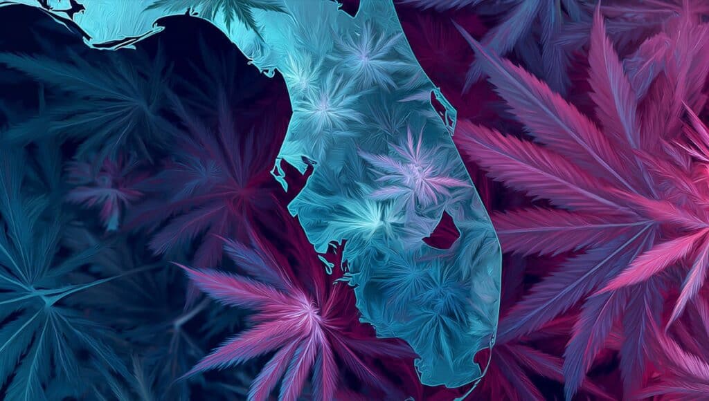 Teal, blue, purple, and pink Florida map made from cannabis leaves — representing the best dispensary near me, recreational dispensary near me, and legal weed delivery in Florida.