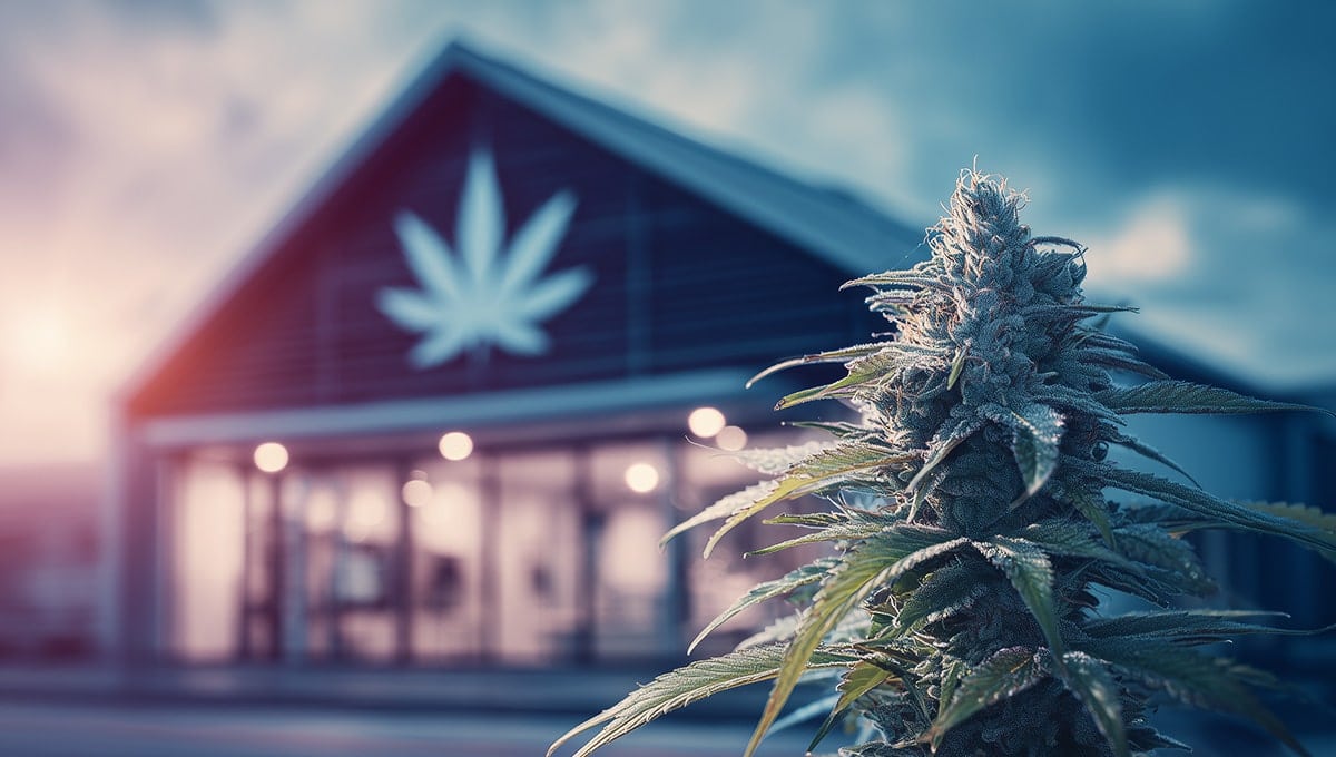 Frosty cannabis cola in focus with the best recreational dispensary near me that delivers blurred in the background at sunset.