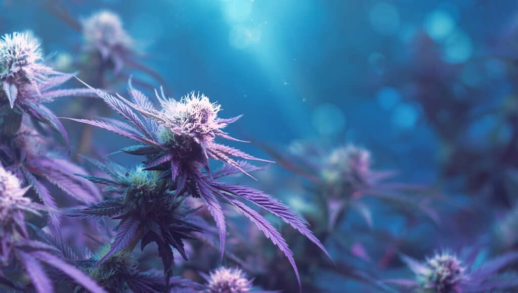 Marijuana fan leaves with psychedelic pink, blue, and purple coloration under grow lights