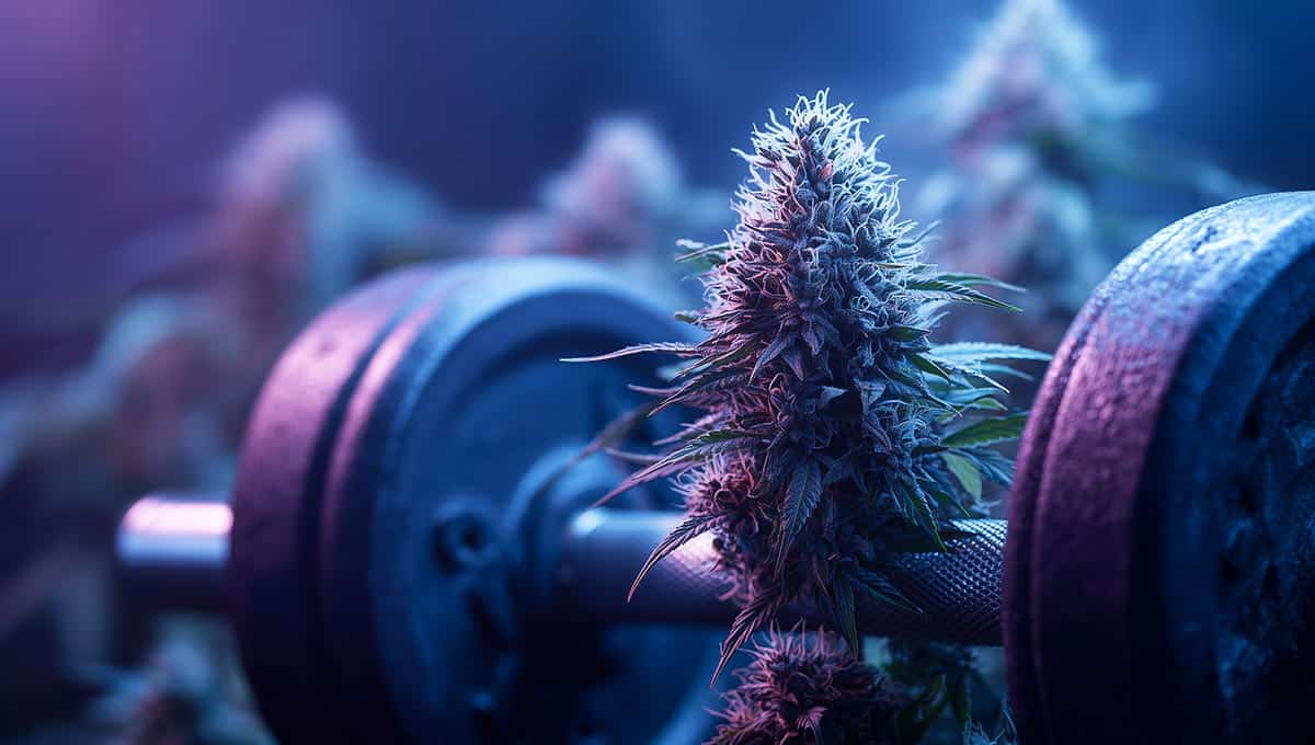 The purplest strongest THCA flower delivery, next to a dumbbell representing high potency weed