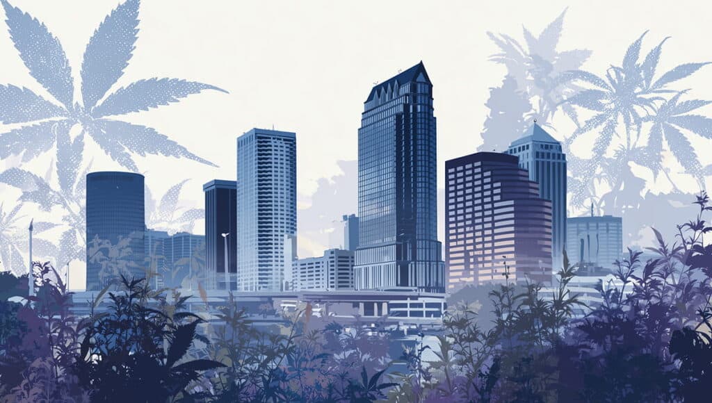 Tampa skyline with cannabis silhouettes in background symbolizing recreational weed delivery in Tampa