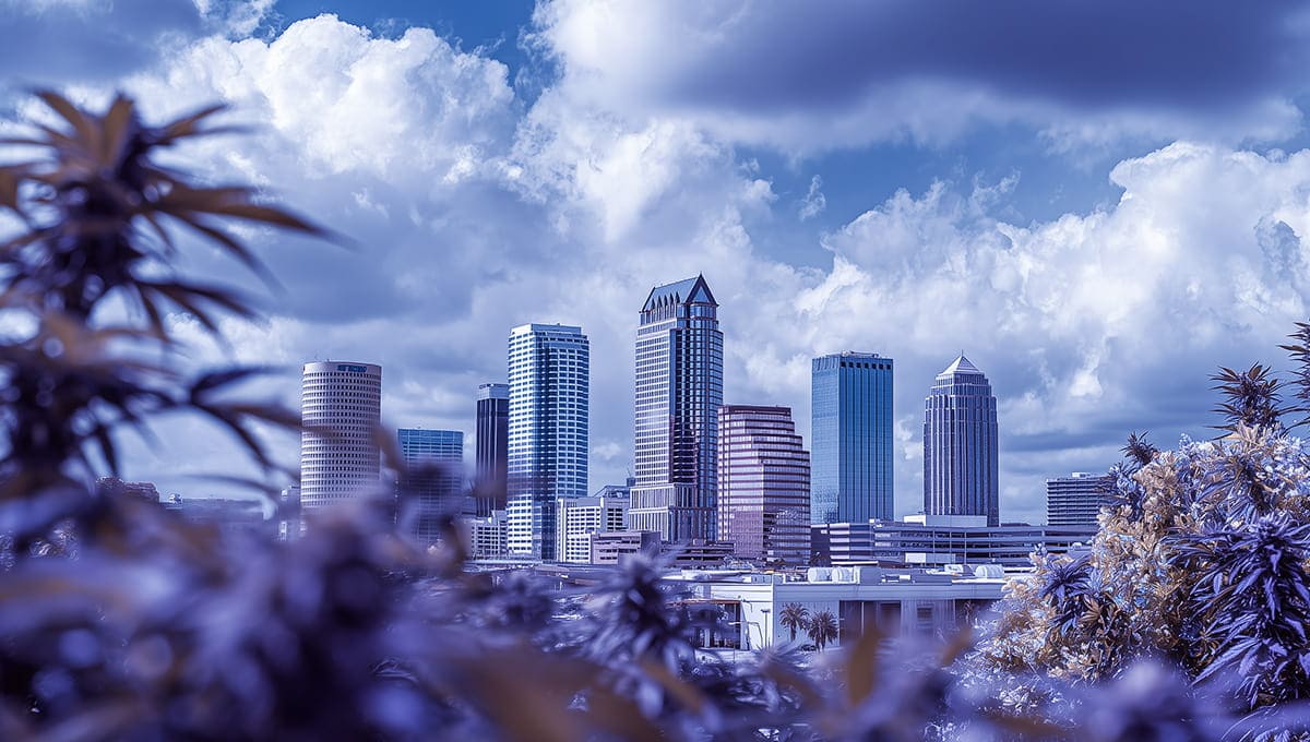 Skyline of Tampa with purple cannabis plants in the foreground promoting weed delivery in Tampa