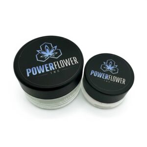 Power Flower THC glass concentrate jars in two sizes for cannabis concentrates and weed delivery