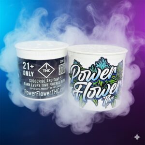 Power Flower THC flower containers with subscription service messaging on vibrant blue and purple smoke background