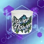 Power Flower THC pop-top flower container with graffiti logo on purple and blue hexagonal geometric background
