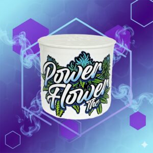 Power Flower THC pop-top flower container with graffiti logo on purple and blue hexagonal geometric background