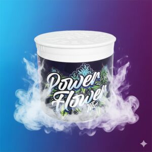 Power Flower THC pop-top flower container with graffiti logo surrounded by blue and purple smoke clouds