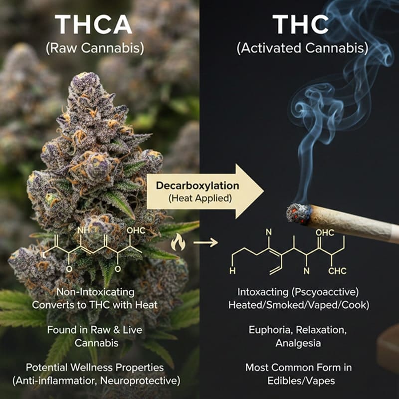 THCA flower vs THC educational infographic showing decarboxylation process from raw cannabis to activated THC through heat