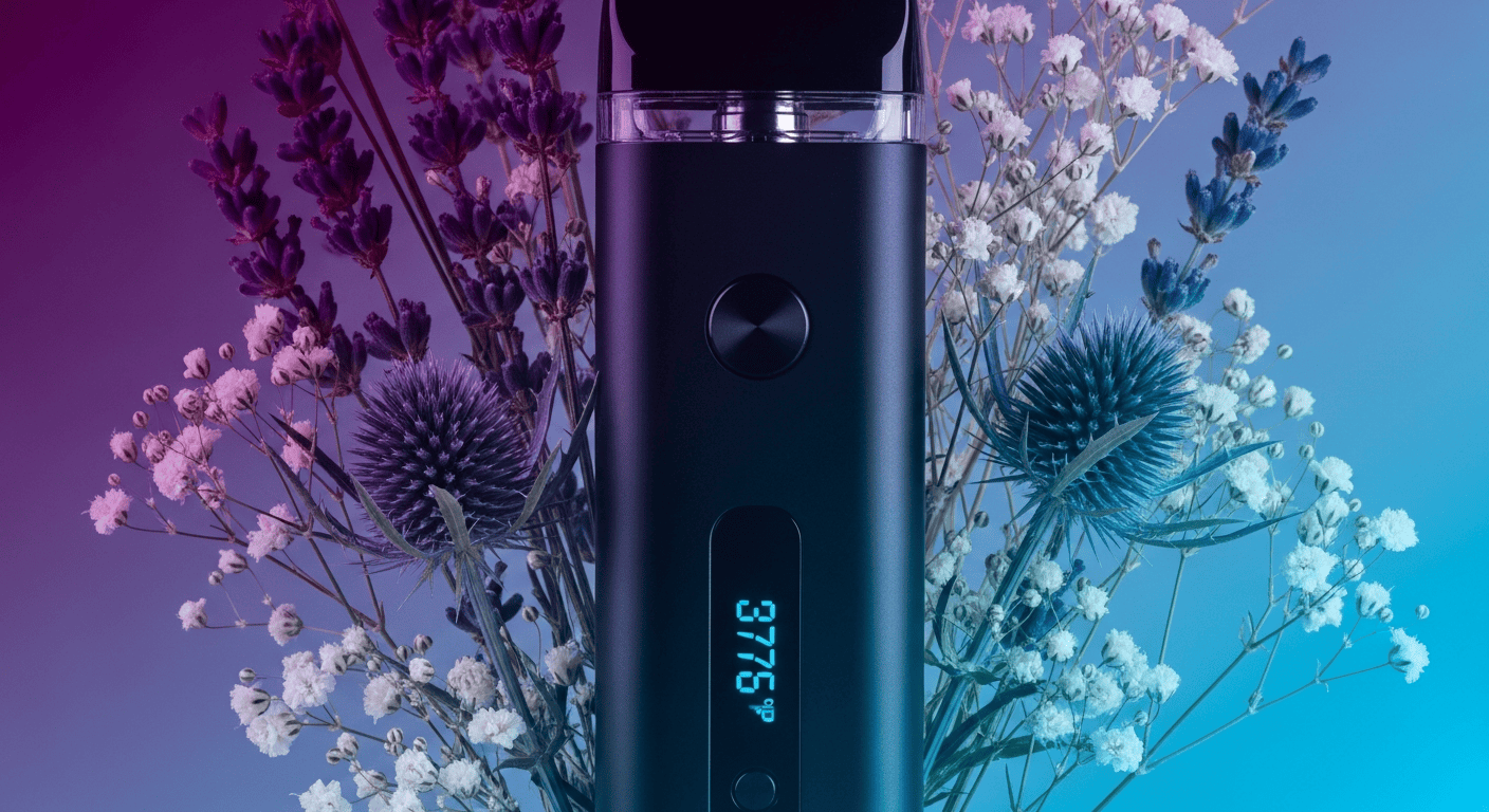 Portable Dry Herb Vaping device shown with cannabis flower.