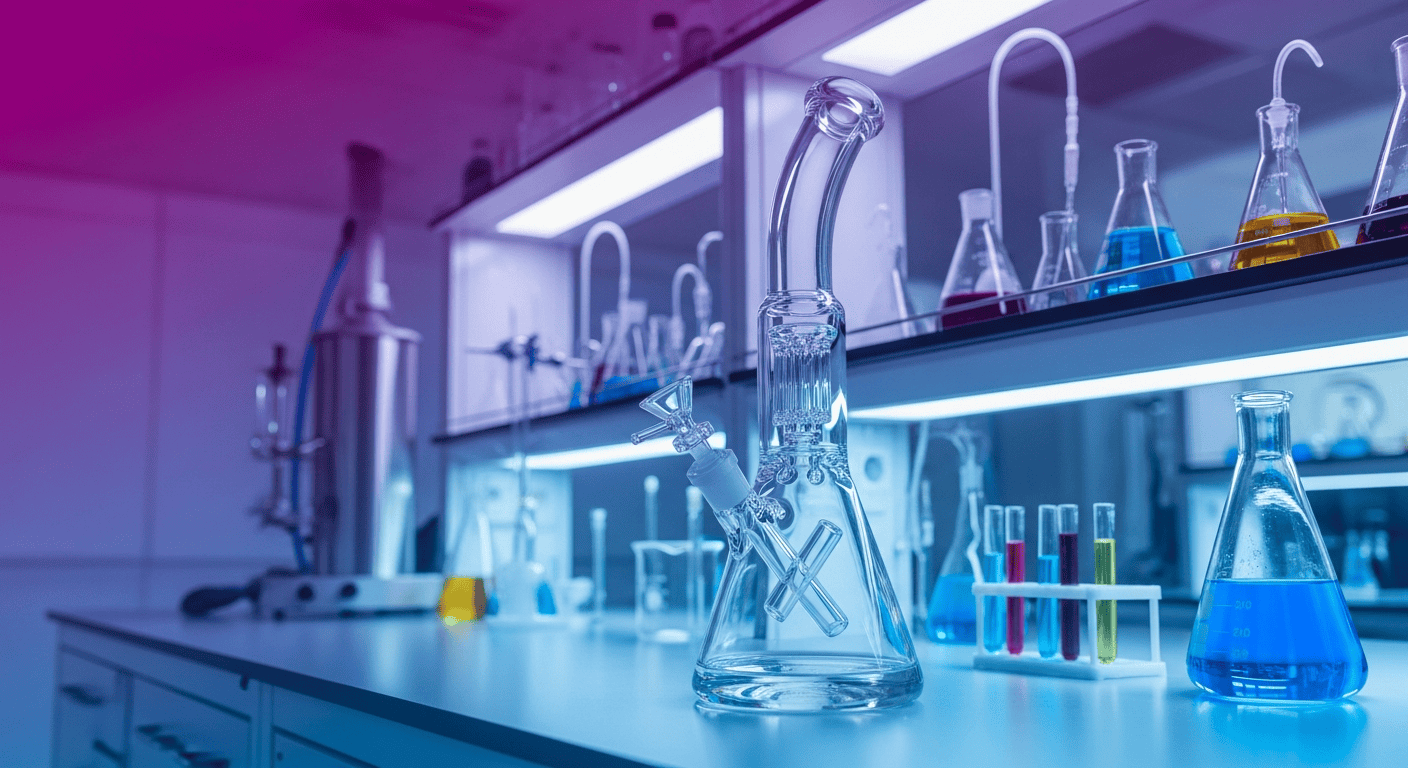 Sparkling Clean Glass Bong with ice catcher in sunlight.