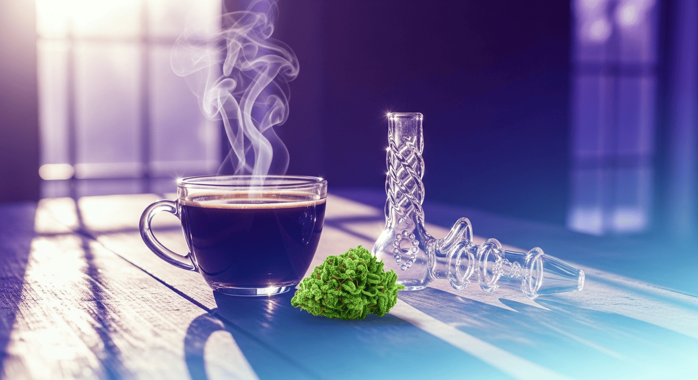 Coffee and cannabis used for Wake and Bake Tips on a morning table.