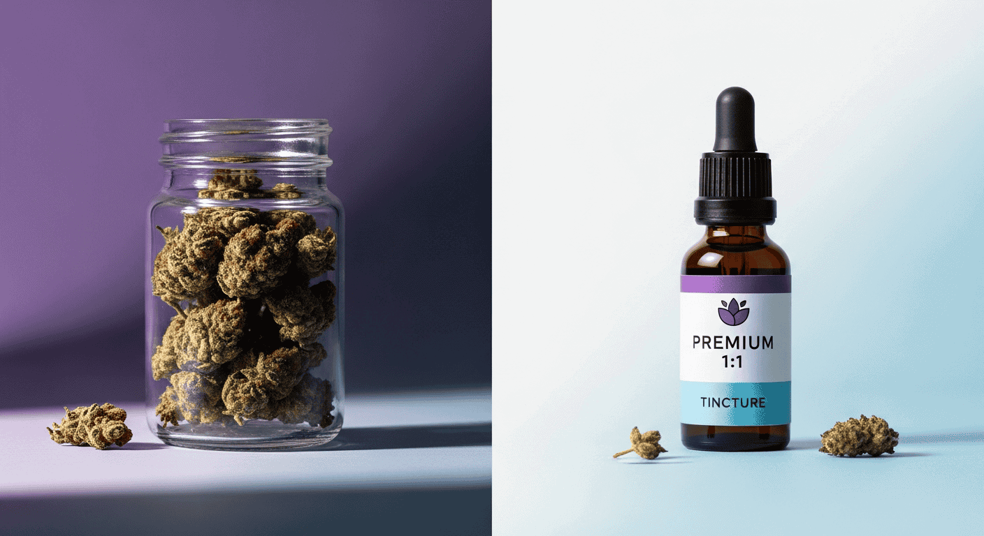 A product label showing a balanced 1:1 THC CBD ratio for therapeutic cannabis users.