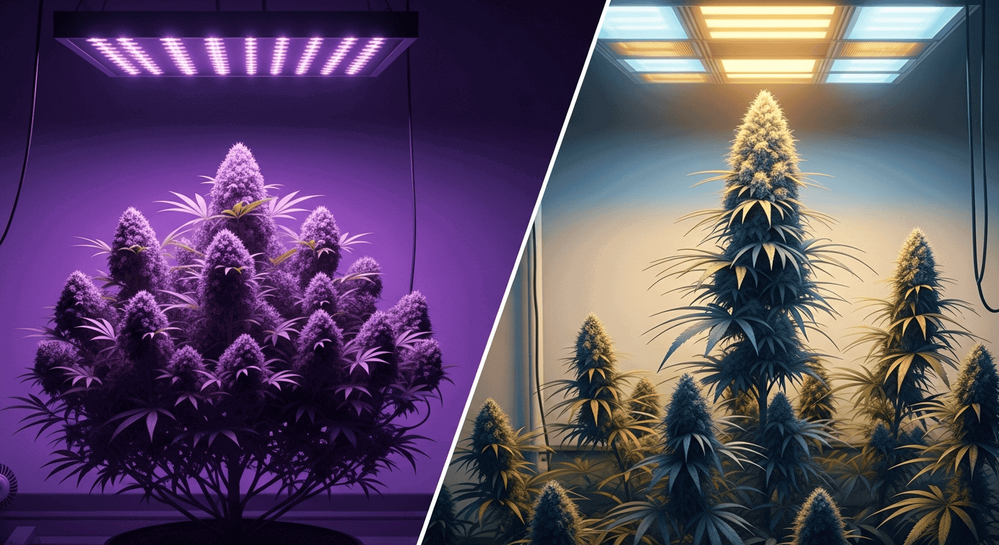 A side-by-side growth comparison of Autoflower vs Photoperiod cannabis plants in a garden.
