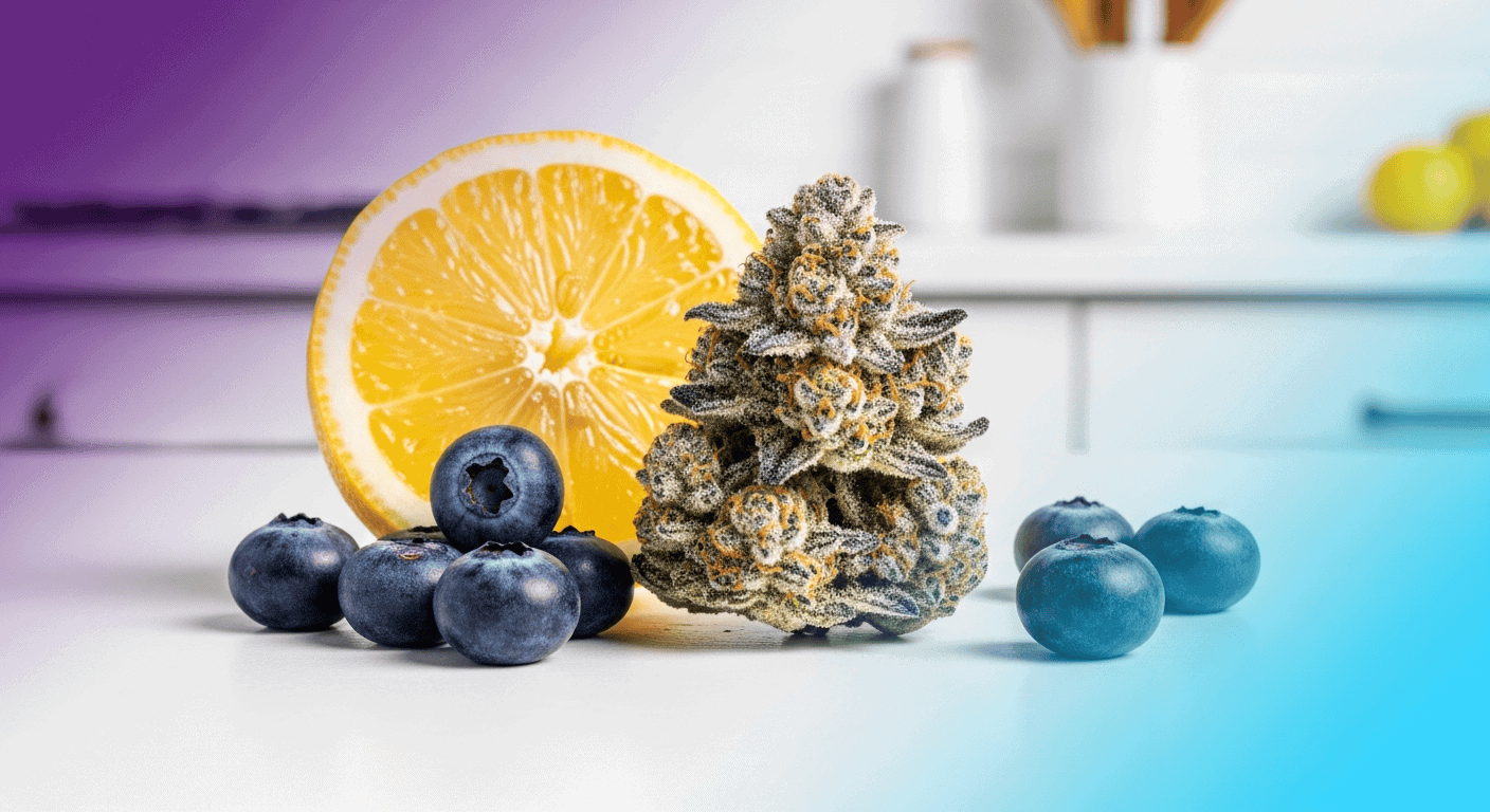 Rare and exotic buds of the Blueberry Lemon Bar strain showing bright trichomes.