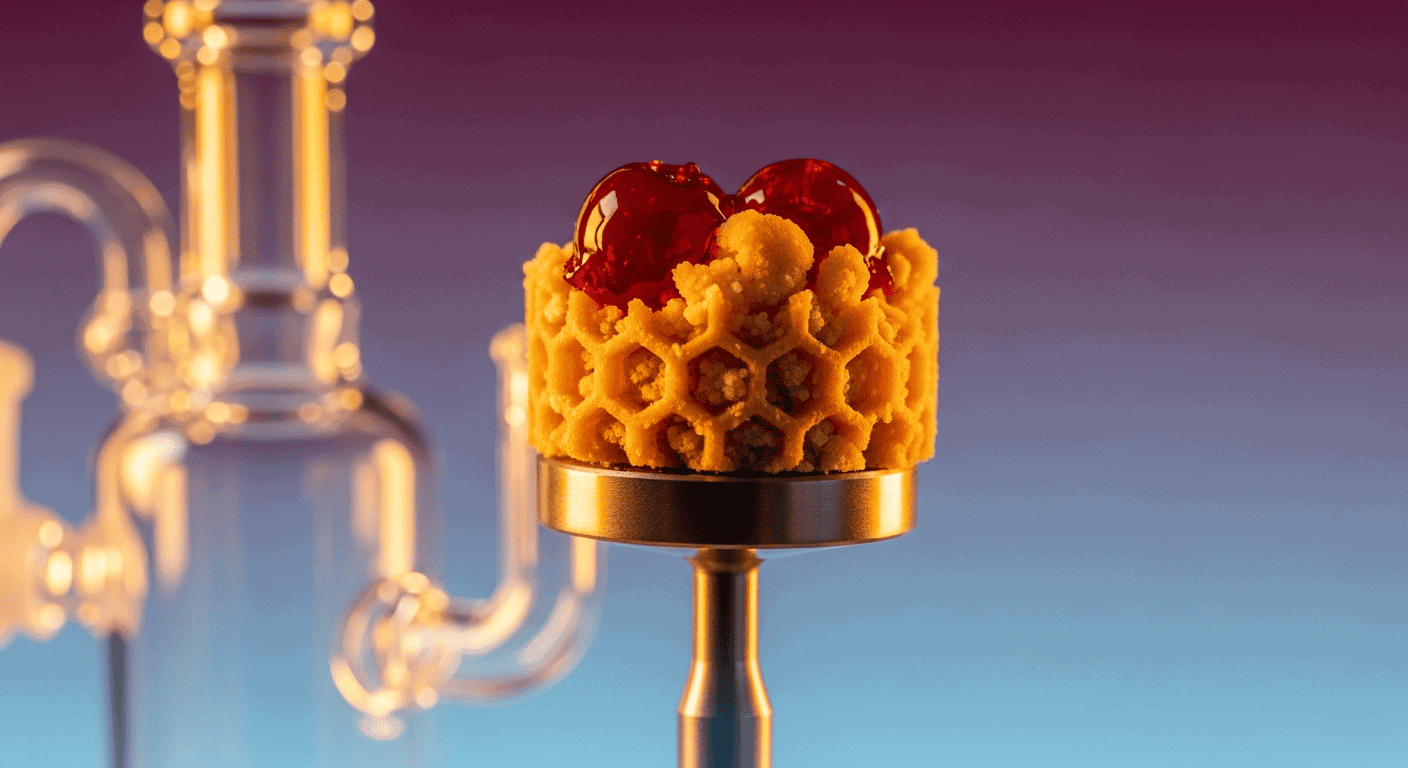 Golden, crumbly concentrate textures of the Cherry Pie Crumble wax.