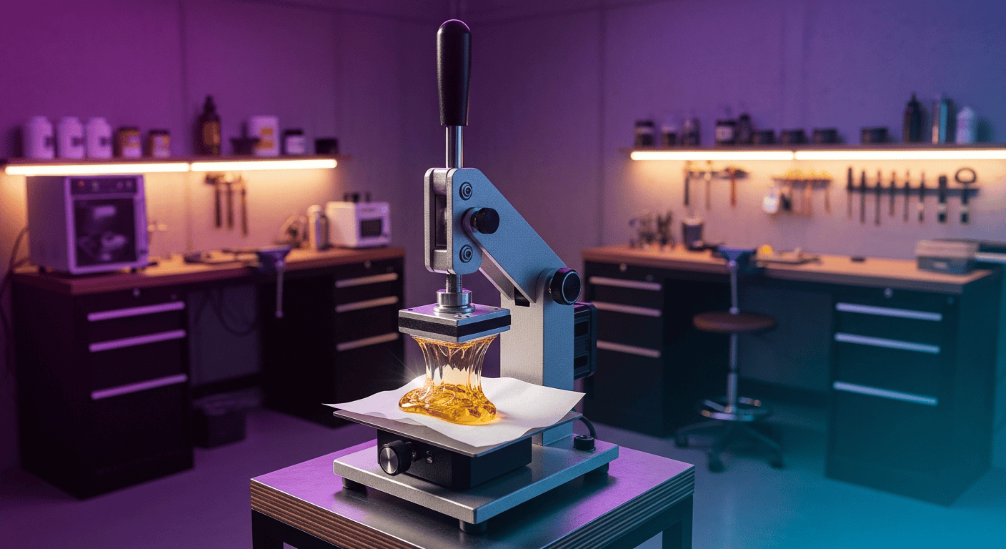 A home setup showing how to use a DIY Rosin Press to extract solventless concentrates.