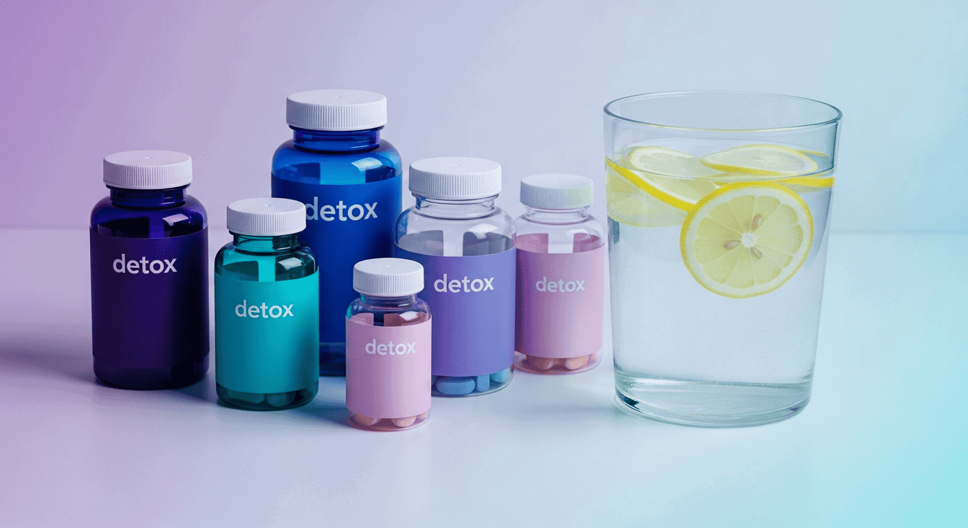 Various commercial bottles of Detox Drinks for Weed shown with nutritional labels.