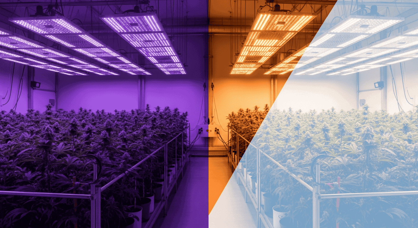 A bright grow room comparison showing LED vs HPS lighting systems.