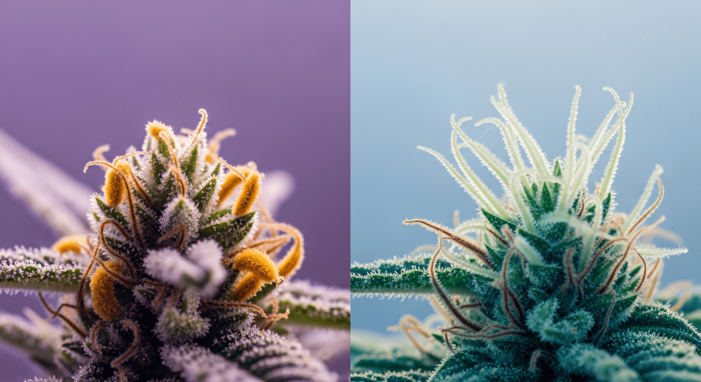 A macro comparison shot used to identify the difference between Male vs Female Weed plants.