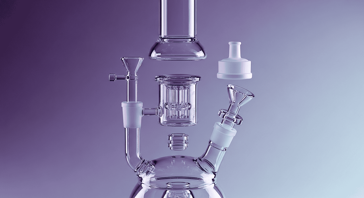 A labeled diagram showing the downstem, bowl, and percolator as the main Parts of a Bong.