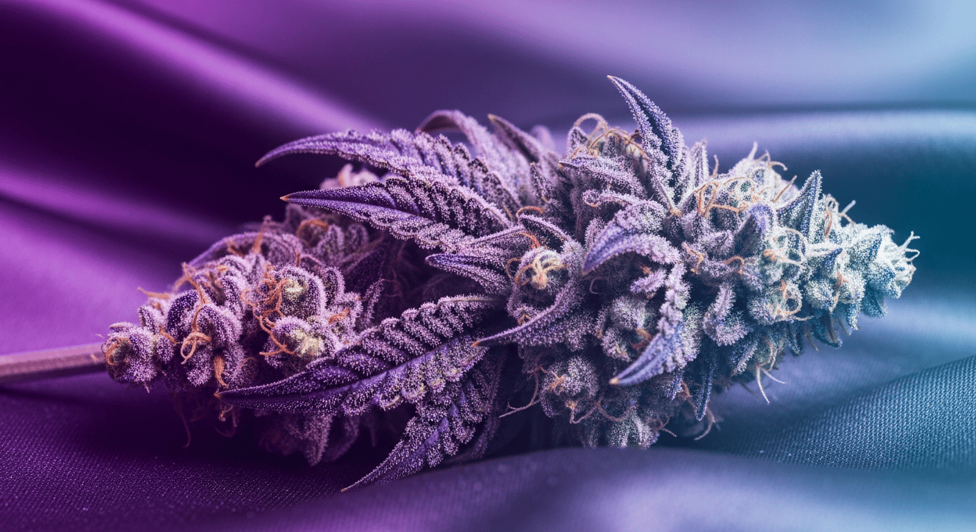 Close-up of vibrant Purple Weed Strains displaying deep violet leaves and bright orange pistils.