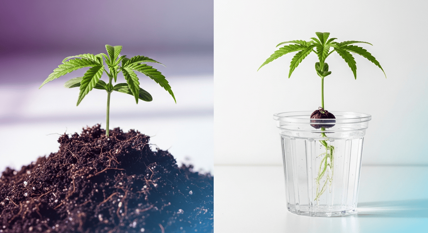 An educational graphic showing the root systems and hardware used in Soil vs Hydroponics setups.