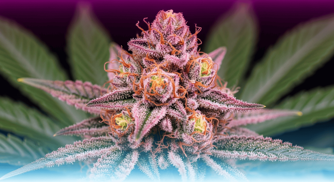 Deep red and pink hued cannabis buds of the exotic Trop Cherry Strain.