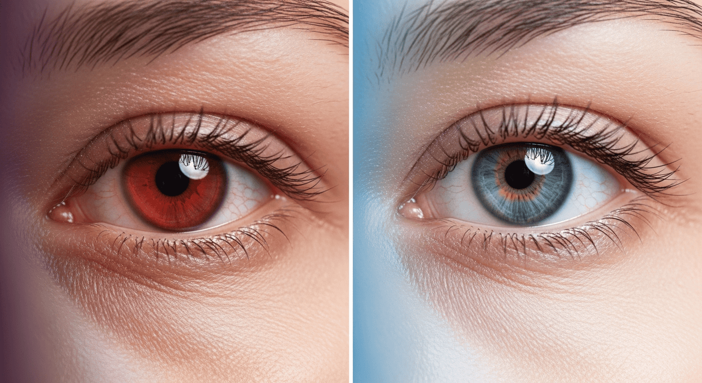 A close-up of a bloodshot eye next to relief drops to show the cause of Red Eyes from Weed.
