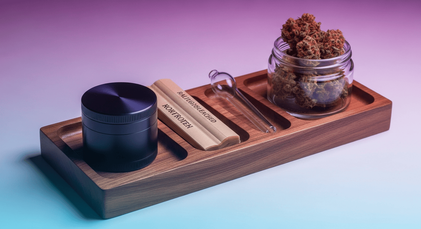 A metal surface with organized cannabis accessories on a Rolling Tray.