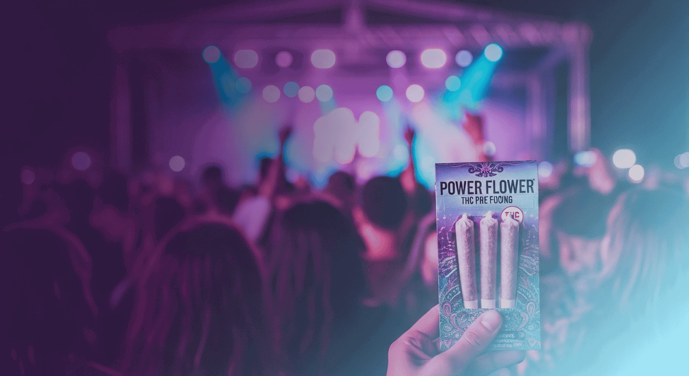 A concert scene with friends sharing a joint of Festival Weed.