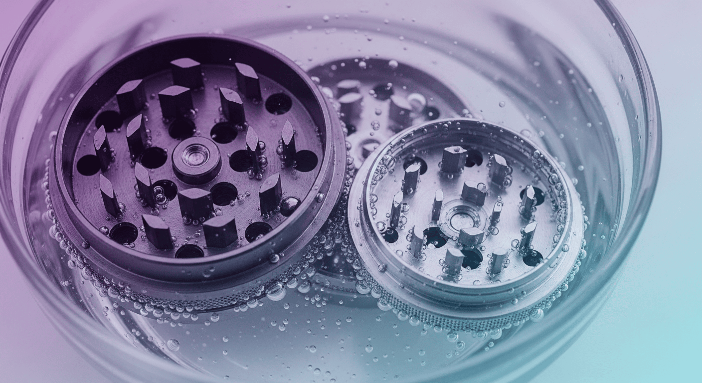 A grinder soaking in a glass of alcohol to show how to Clean Grinder ISO.