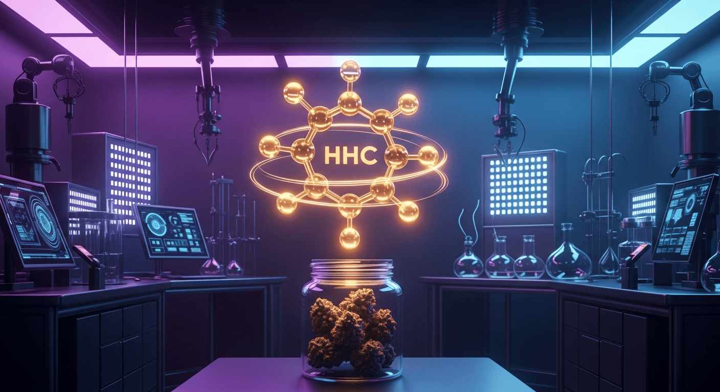 A 3D model of the hexahydrocannabinol molecule to answer What is HHC.